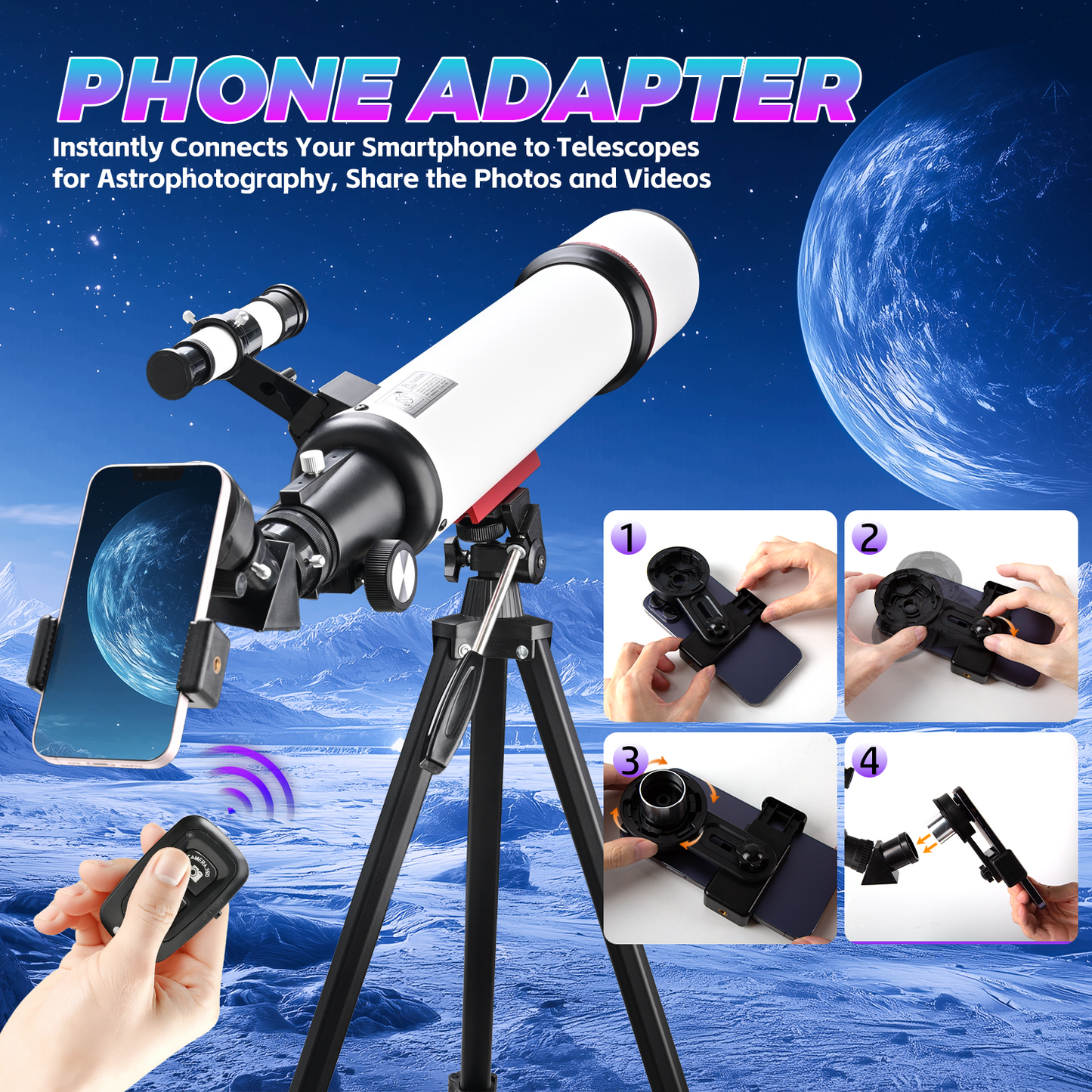 Telescope for Adults Astronomy,90mm Aperture 700mm Refractor Telescopes for Beginners,Fully Multi-Coated Optics with AZ Mount Tripod & Carry Bag,Wireless Remote,Phone Adapter, Ideal Gift for Men