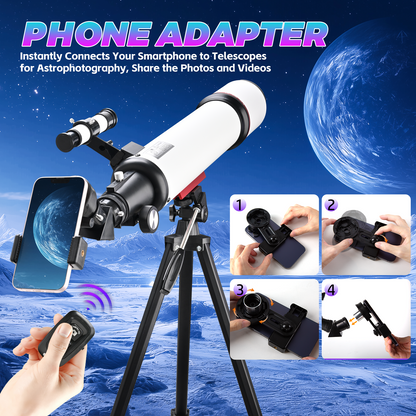 Telescope for Adults Astronomy,90mm Aperture 700mm Refractor Telescopes for Beginners,Fully Multi-Coated Optics with AZ Mount Tripod & Carry Bag,Wireless Remote,Phone Adapter, Ideal Gift for Men